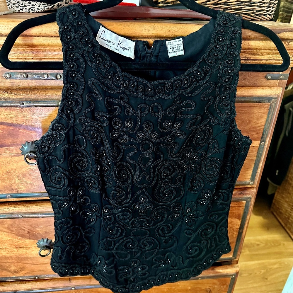 Vintage Laurence Kazar Fancy Beaded Silk Shell Size S Black EUC